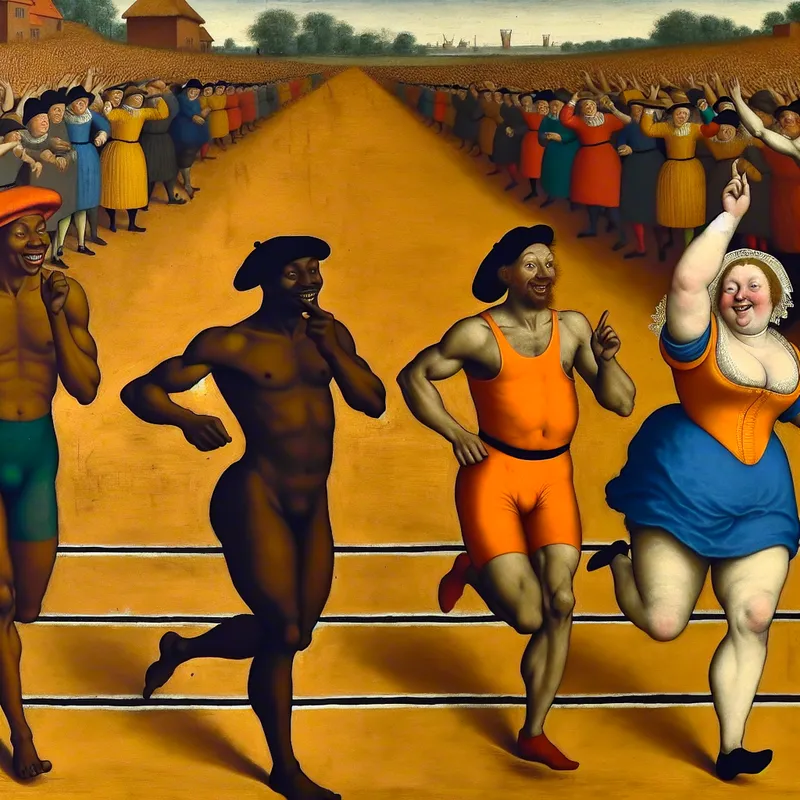 Vrolijke racescene in Jan Steen-stijl met vrouw die als derde finisht