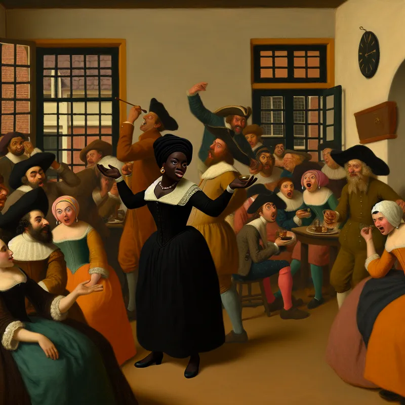 Een vrouw staat zelfverzekerd in het midden van een drukke kamer, omringd door levendige karakters in een Jan Steen-stijl scène.