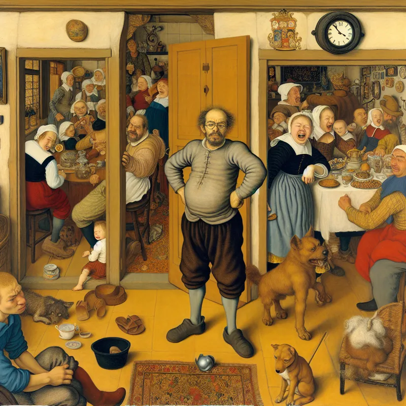 Druk Nederlands huishouden in de stijl van Jan Steen, waarin een gefrustreerde man staat terwijl een laatkomer weer binnenkomt, symbool voor herhaling en 'weer hetzelfde liedje'