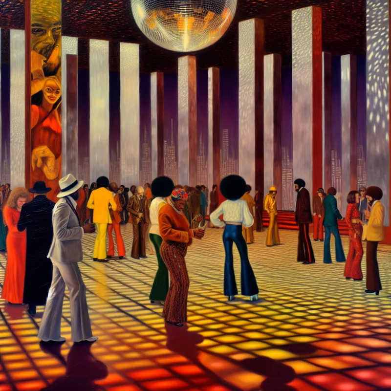 Surrealistische retro discotheek uit de jaren 70 met dansende mensen in typische jaren 70-kleding onder een draaiende discobal, geschilderd in hyperrealistische stijl