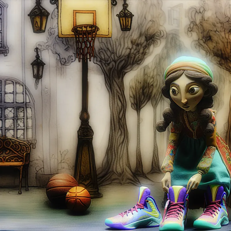 Jong persoon met kleurrijke basketbalschoenen op een basketbalveld, omringd door vintage straatlantaarns en charmante bomen in de achtergrond.