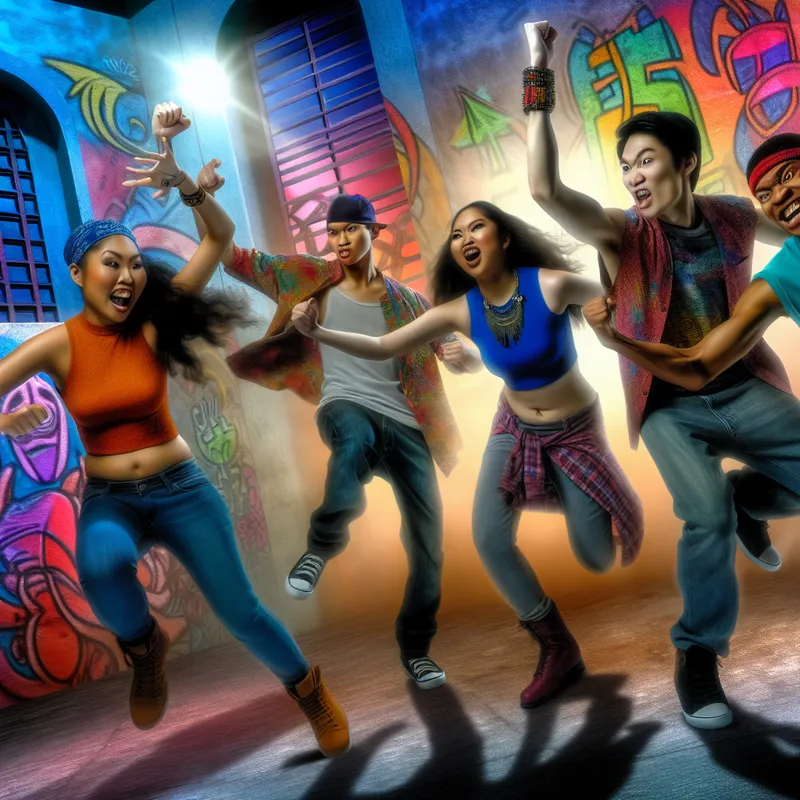 Groep jonge mensen dansend in een vrolijke sociale media-uitdaging met kleurrijke graffiti op de achtergrond.