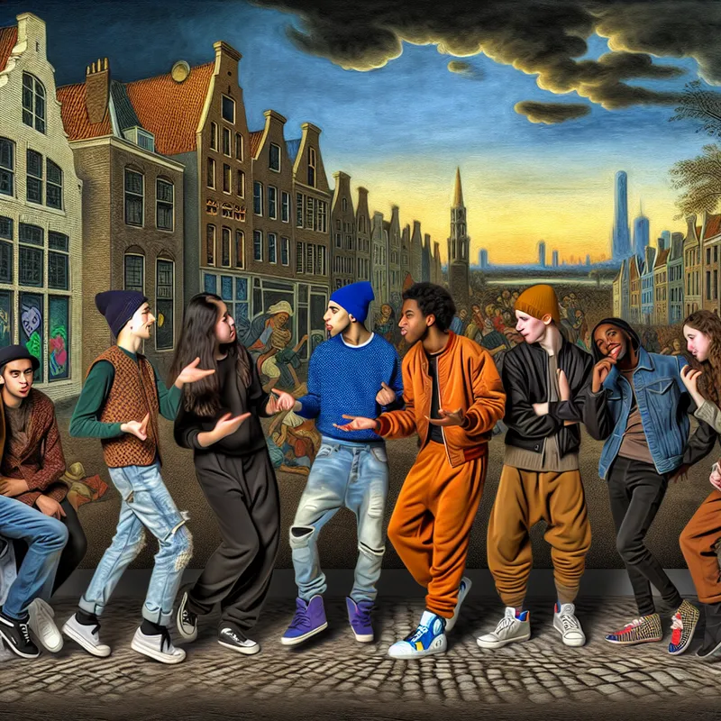 Een levendige straattaferelen met diverse jonge mensen die in gesprek zijn, omringd door kleurrijke graffiti.