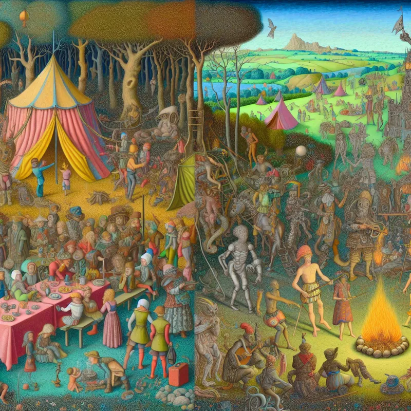 Surrealistische afbeelding van een jeugdkamp met diverse jongeren die leren en socialiseren met bizarre wezens in een kleurrijke omgeving.