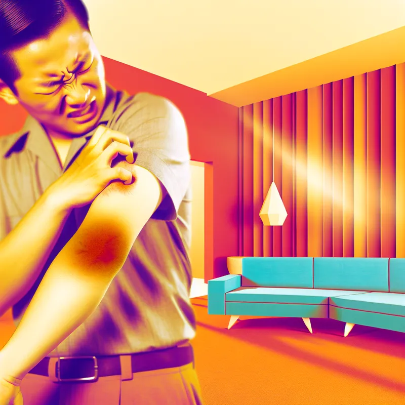 Een persoon die met zichtbaar ongemak zijn arm krabt in een retro-futuristische woonkamer.