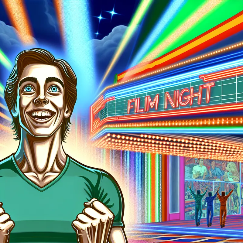 Jonge persoon met een blije uitdrukking voor een verlicht bioscoopgebouw met het opschrift 'Film Night', wachtend op vrienden.