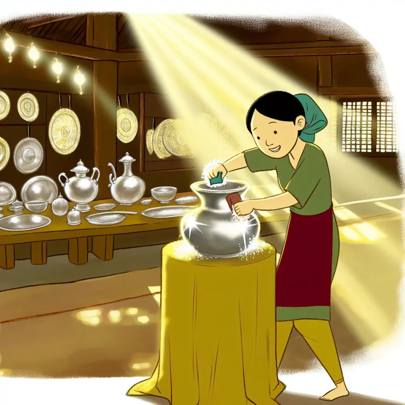 Een jonge persoon poetst een zilveren vaas in een zonverlichte kamer, met glanzende oppervlakken en ornamentale zilveren objecten op de achtergrond.