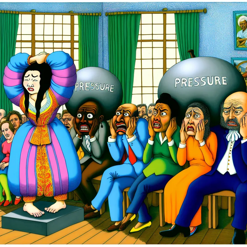 Cartoon van een jonge vrouw die zichtbaar gestrest is tijdens een presentatie voor een publiek. Haar schouders zijn belast met grote gewichten aangeduid met 'druk'.