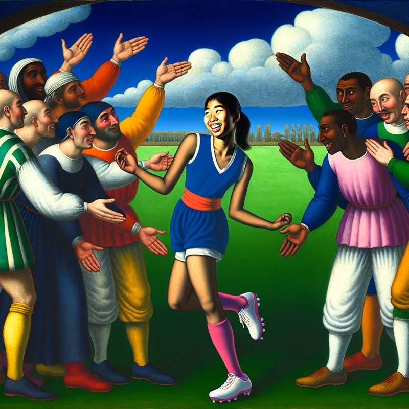 Een jonge atleet wordt verwelkomd door een team tijdens de training op een levendig sportveld.