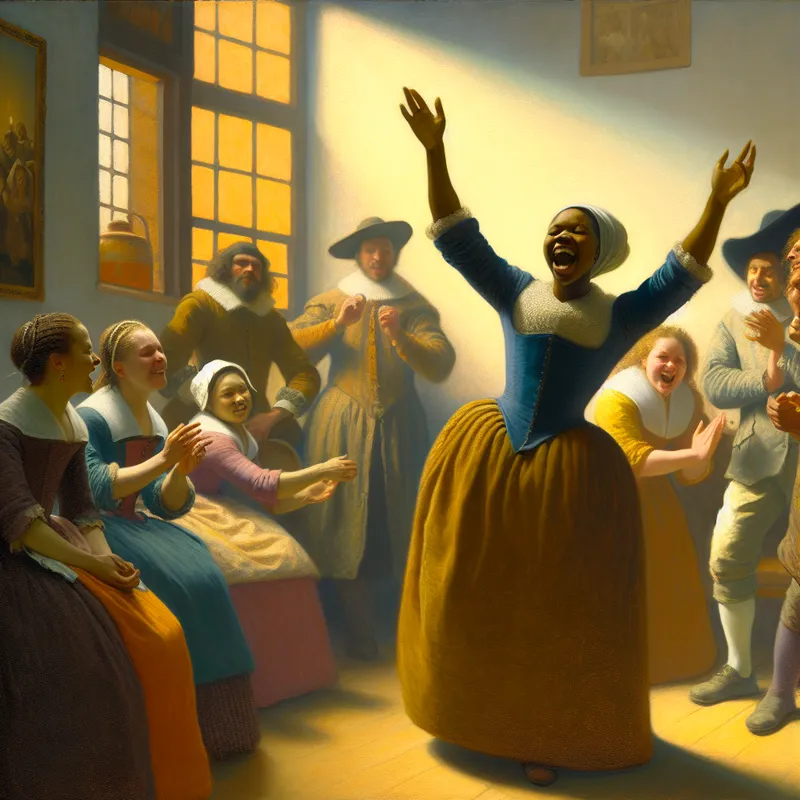 Groep mensen in zonovergoten kamer die enthousiast 'Joe!' roept tijdens een vrolijk moment van aanmoediging en motivatie in Vermeer-stijl