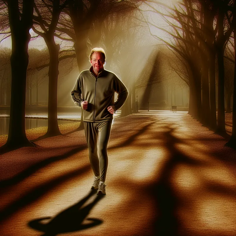 Een man joggt in een park tijdens het ochtendgloren, omringd door natuur.