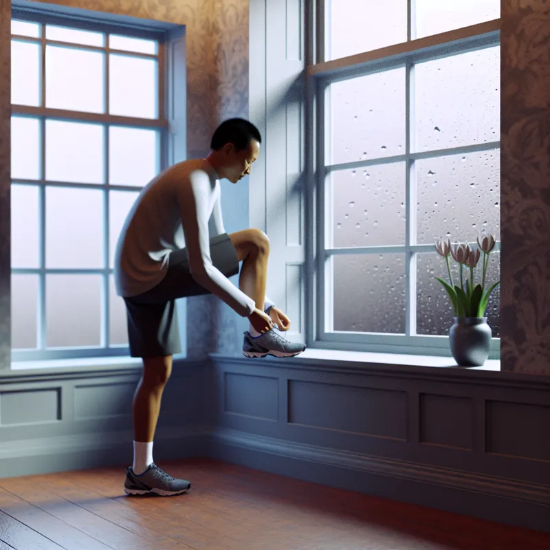 Persoon die zich voorbereidt om te joggen terwijl de regen buiten valt, met zachte lichteffecten.