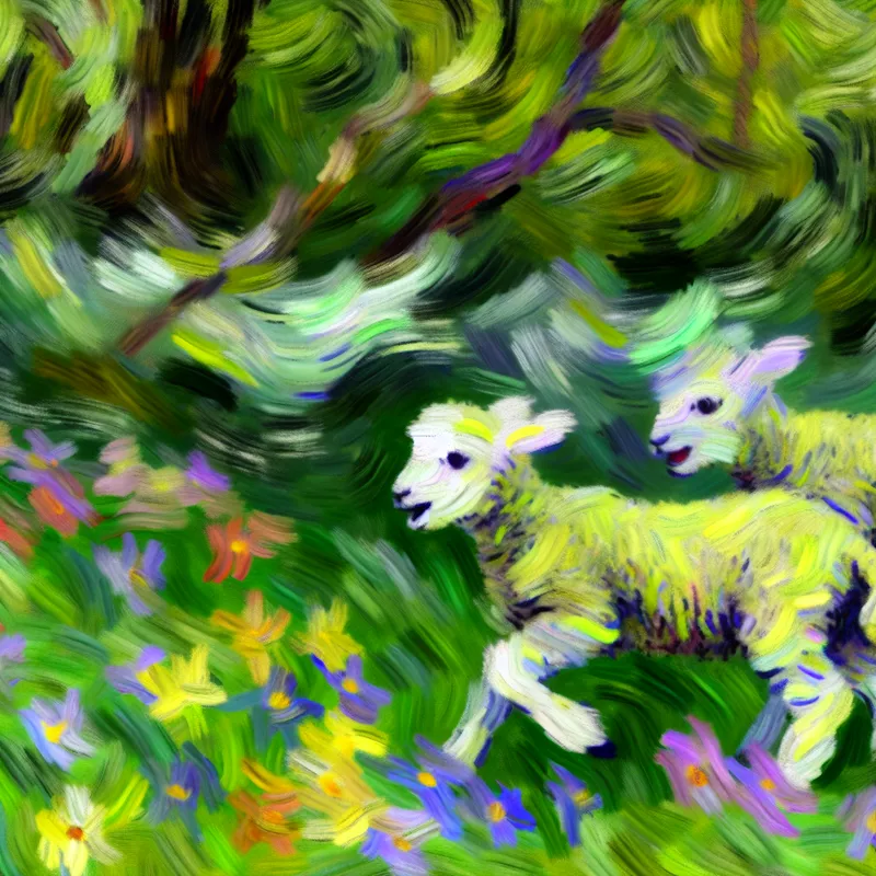 Een jonge lam die vrolijk zijn moeder volgt in een groene wei vol wilde bloemen.