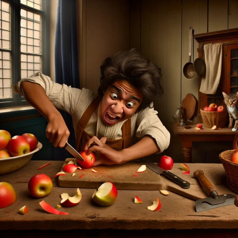 Een jonge persoon die energiek een helderrode appel schilt met een scherp mes, met een kat in de achtergrond in een levendige keuken.