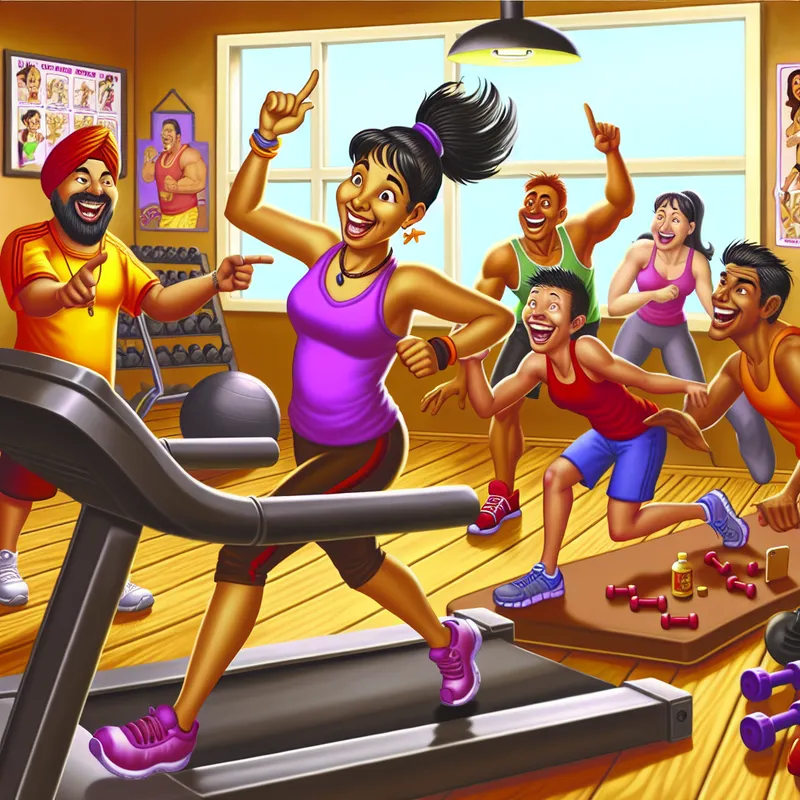 Een jonge vrouw in een kleurrijke sportschool die energiek verschillende oefeningen doet, omringd door vrienden en een trainer.