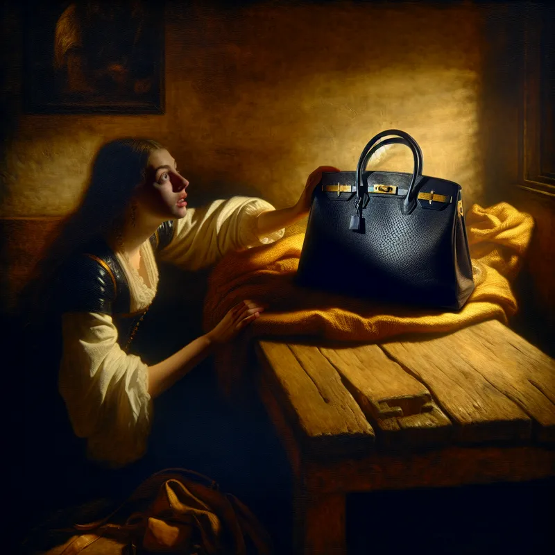 Jonge vrouw geeft een elegante designerhandtas als borg voor een lening in een sfeervolle, zacht verlichte ruimte