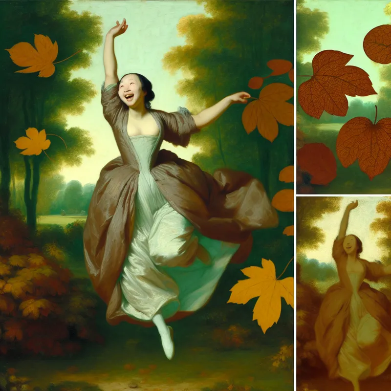Jonge vrouw die met blijdschap springt in een groen park, omringd door vallende herfstbladeren.