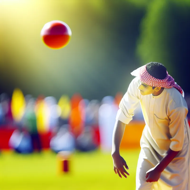 Jonge atleet in mid-throw met een felrode bal op een zonovergoten sportveld, geconcentreerd in actie.