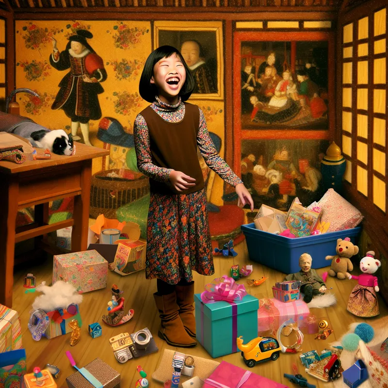 Jong meisje omringd door speelgoed en cadeaus in een rommelige kamer, met een uitdrukking van vreugde
