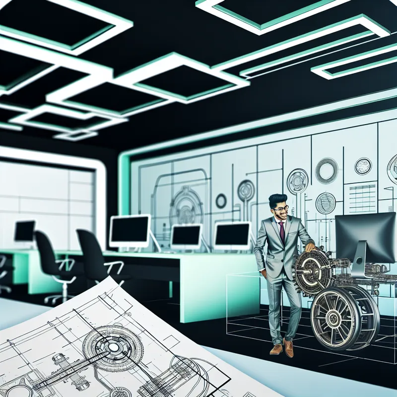 Jonge ingenieur werkt met futuristische machines in een modern kantoor.