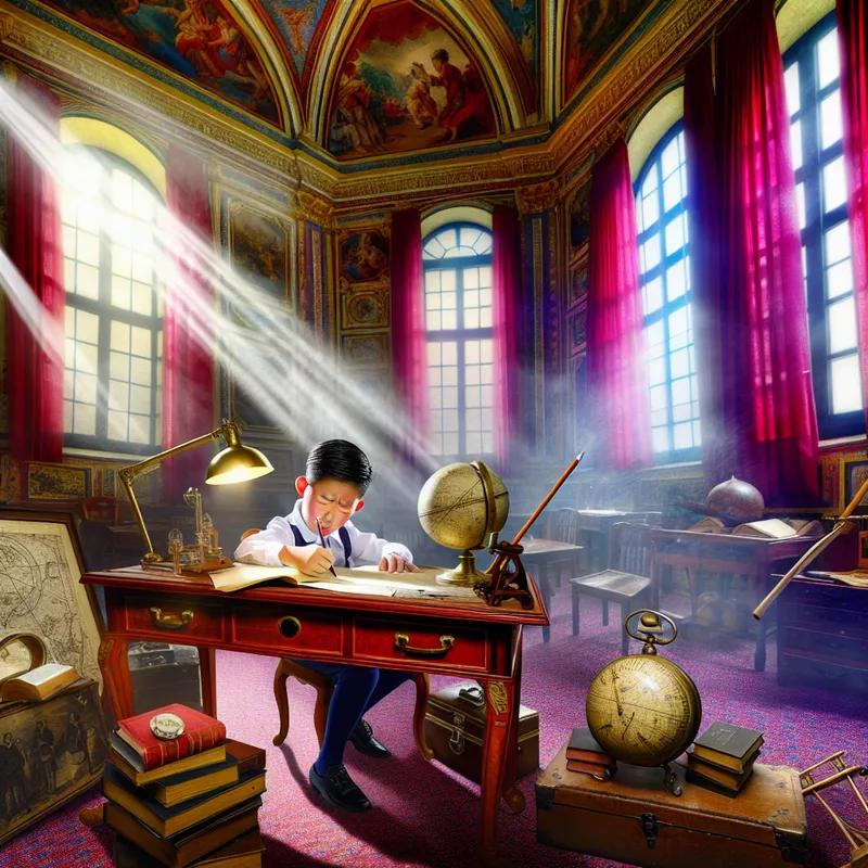 Een jonge jongen die geconcentreerd aan een rijk versierd bureau zijn huiswerk maakt.