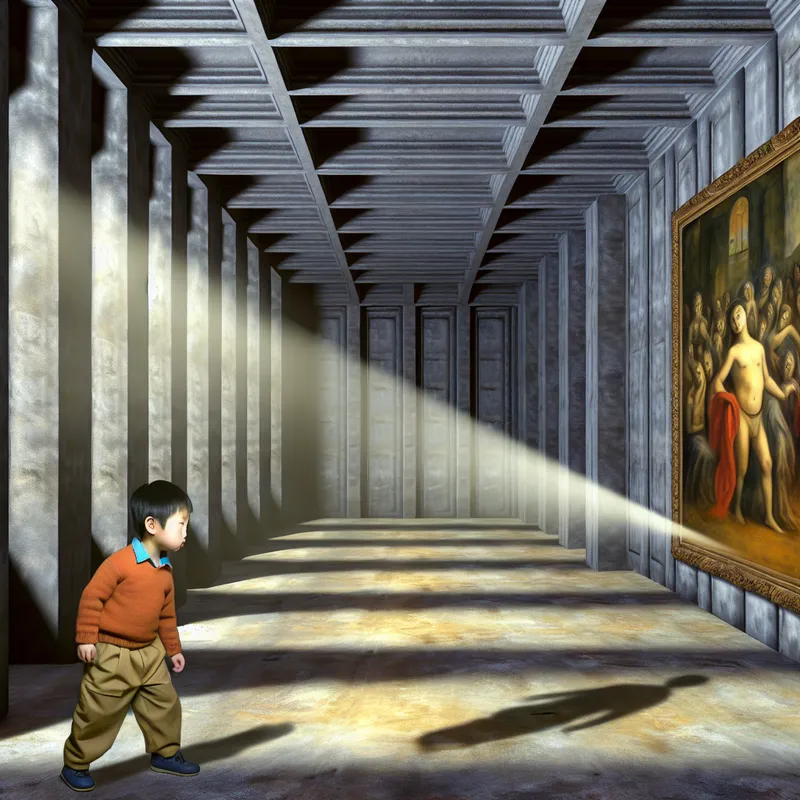 Een jonge jongen staat in een lege kamer vol hoge, architectonische structuren, kijkend naar een levendig schilderij.