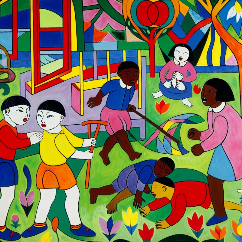 Een jonge jongen die speelt met vrienden in een kleurrijke tuin vol bloemen en bomen.