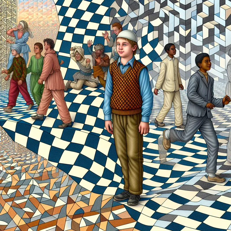 Illustratie van een jonge jongen in eenvoudige kleding, omringd door andere spelende jongens, met een surrealistische achtergrond van geometrische patronen in de stijl van M.C. Escher.