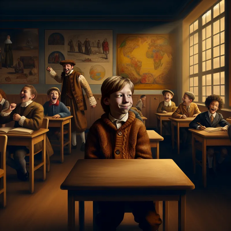 Een jonge jongen met een timide uitstraling in een klaslokaal, naast een groot bureau.