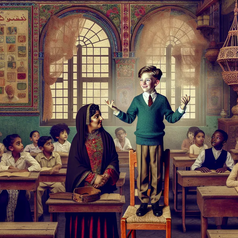 Een jonge jongen staat op een stoel in een sfeervolle klaslokaal, terwijl hij energiek zijn armen zwaait en de aandacht probeert te trekken van de lerares.