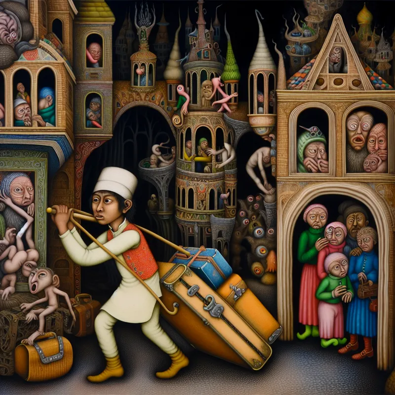 Een jonge knaap draagt zware koffers voor gasten in een surrealistisch hotel aangedreven door fantasie.