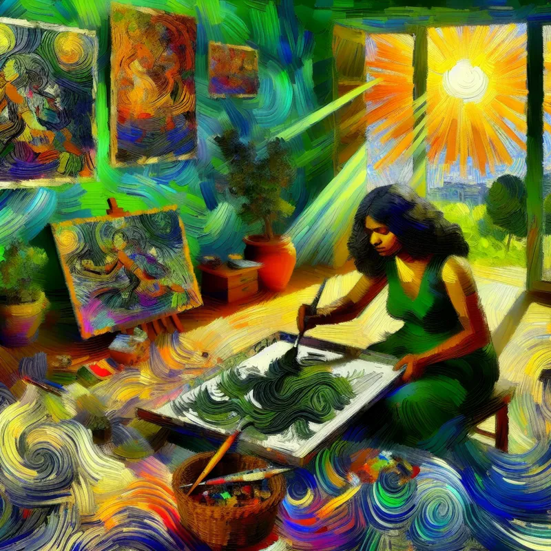 Een jonge kunstenaar in een zonovergoten kamer, gefocust op een groot canvas met dikke, ronddraaiende penseelstreken.