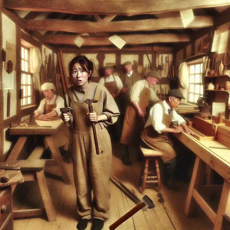 Jonge leerling in een nostalgische ambachtswerkplaats, onzeker een gereedschap vasthoudend terwijl ervaren vakmensen zelfverzekerd werken