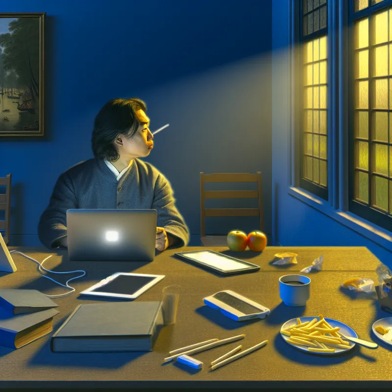 Jonge man aan een rommelig bureau met computer gadgets en lege snackverpakkingen, er afstandelijk naar een computer scherm kijkend