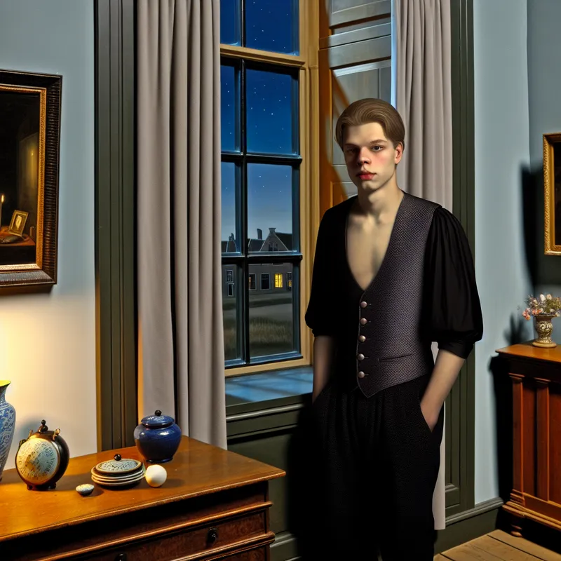 Jonge man in avondkleding naast een raam met sterrenhemel, verlichte setting