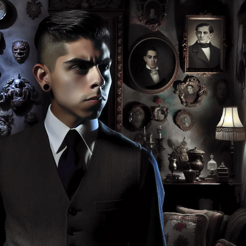 Portret van een jonge man in een elegante kamer, met een zelfverzekerde uitstraling en een achtergrond van retro decoraties.