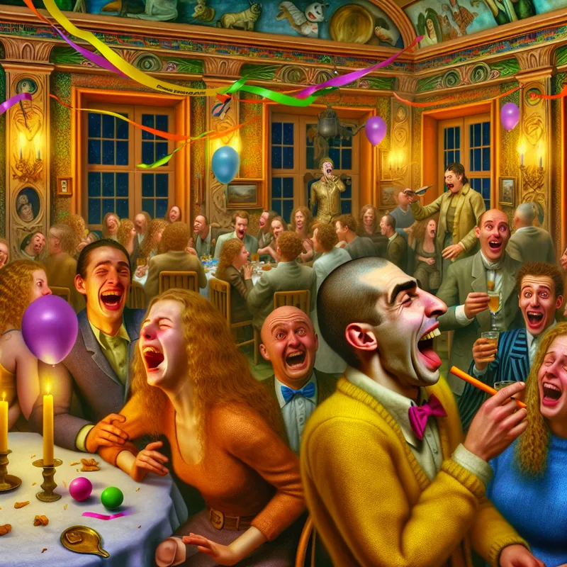 Een jongeman die luid gassert, omringd door een lachende en schaterende groep feestgangers in een kleurrijke feestzaal.