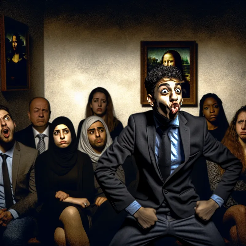 Jonge man in formele outfit maakt een gek gezicht tijdens een presentatie, omringd door verstoorde mensen