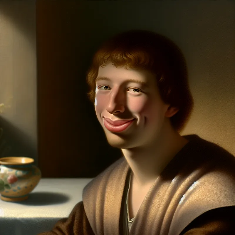 Jonge man met een zachte glimlach, gefocust op zijn mond, zittend aan een tafel met natuurlijk licht dat door een raam komt.