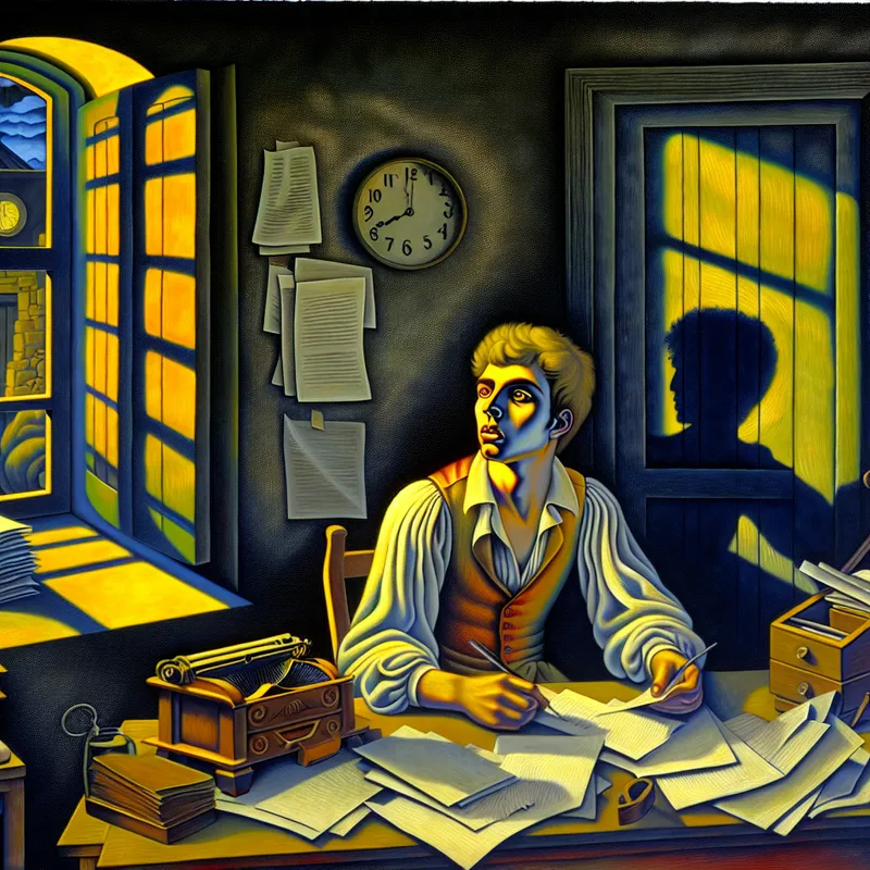 Jonge man in een somber verlichte kamer tussen documenten, symboliserend curatele en de strijd om onafhankelijkheid