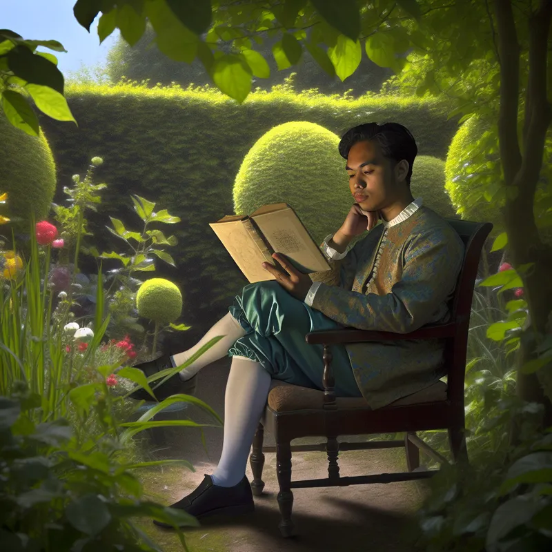 Een jonge man zit comfortabel in een vintage stoel in een serene tuin, verdiept in een boek te midden van groene bladeren.