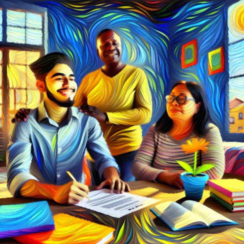 Een jonge man tekent vol vertrouwen een leningovereenkomst in een gezellige, zonnige kamer, omringd door steunende vrienden en familie.