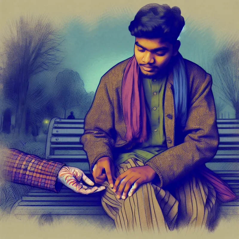 Jonge man zit op een bank in een park, met een opgerolde broekspijp die een litteken op zijn been onthult; hij raakt voorzichtig het litteken aan met een pijnlijke uitdrukking.