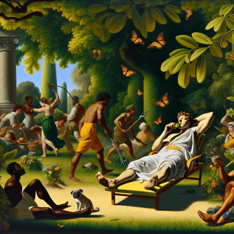 Een jonge man ligt ontspannen op een ligstoel onder een grote boom, terwijl hij fruit eet en naar kleurrijke vlinders kijkt, met vrienden in de achtergrond die enthousiast aan het tuinieren zijn.
