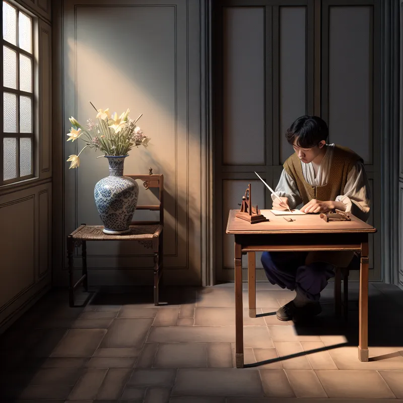 Jonge man schrijft een boodschap op een klein kaartje aan zijn vriendin, met zachte lichtinval en een vaas bloemen op een houten tafel.