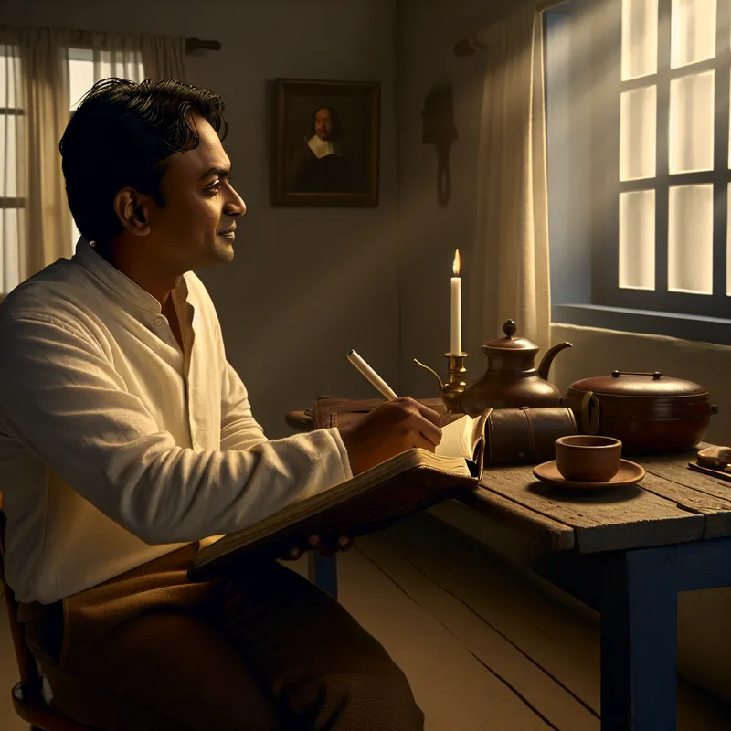 Jonge man aan een houten tafel, schrijfend in een notebook met een kop thee en een brandende kaars, geïnspireerd door Vermeer