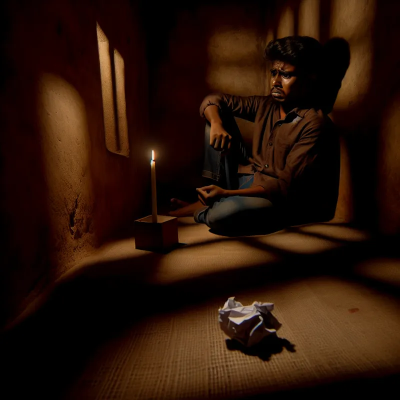 Jonge man alleen in een schemerige kamer, met een bezorgde en spijtige uitdrukking, omringd door schaduwen en een opgerolde brief.