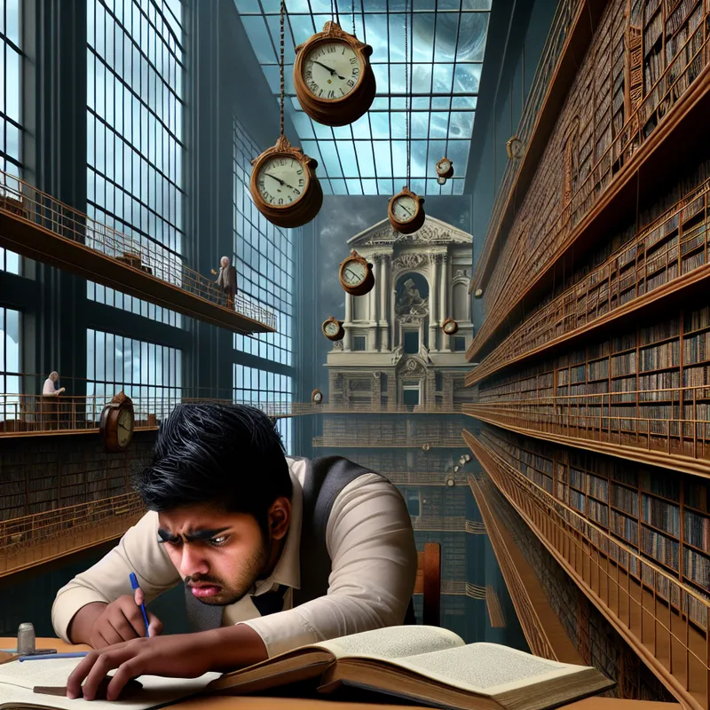 Een jonge man studeert intensief in een hyper-realistische bibliotheek met hoge boekenkasten onder een surrealistisch landschap met zwevende klokken.