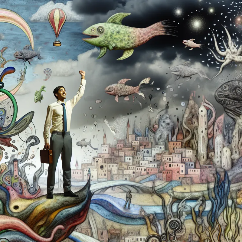 Een jonge man, gekarakteriseerd als een 'jonk', staat ambitieus op een surrealistisch landschap omringd door bizarre wezens.