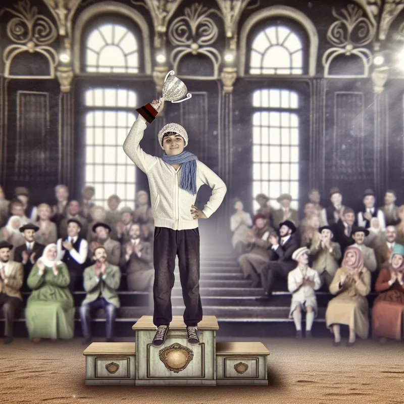 Jonge man op een podium met een trofee in zijn handen, omringd door een juichend publiek in vintage 1920-kleding.